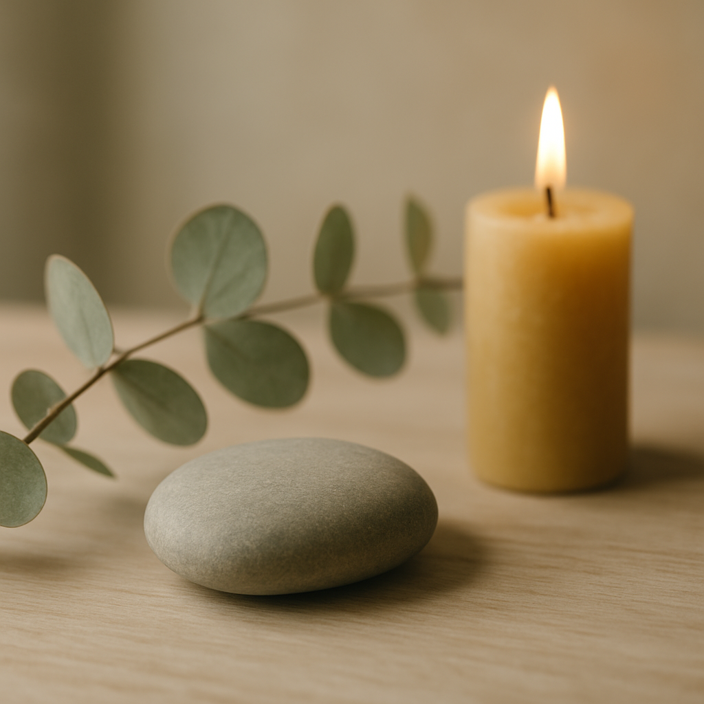 A calming still life with a river stone, eucalyptus, and a candle