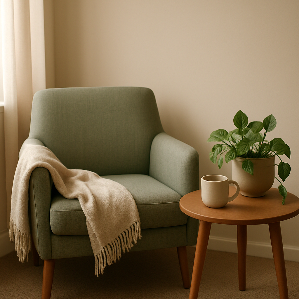 A peaceful, sunlit therapy room with a comfortable armchair and plants